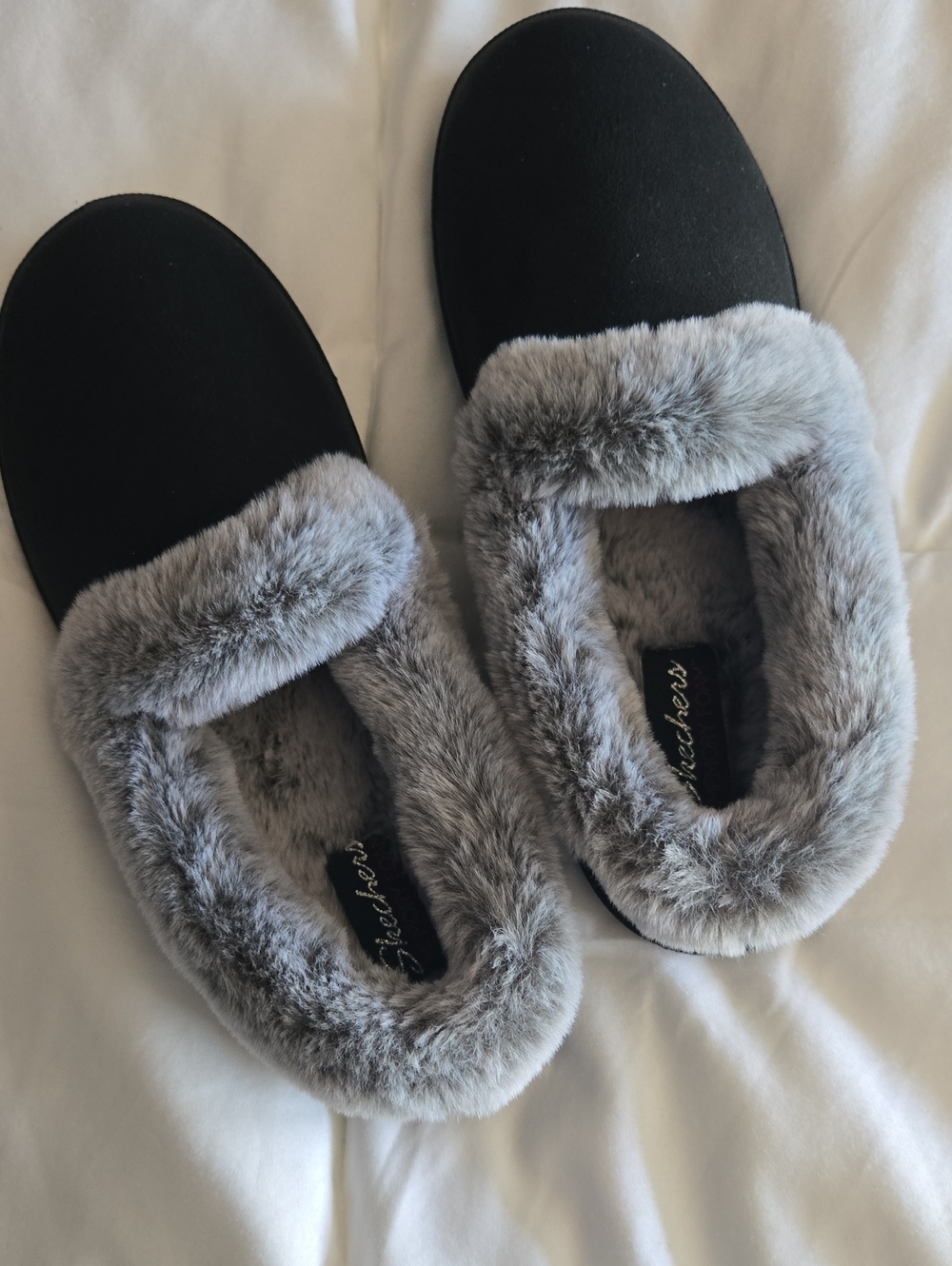 Skechers Black Slippers with Gray Faux Fur Lining